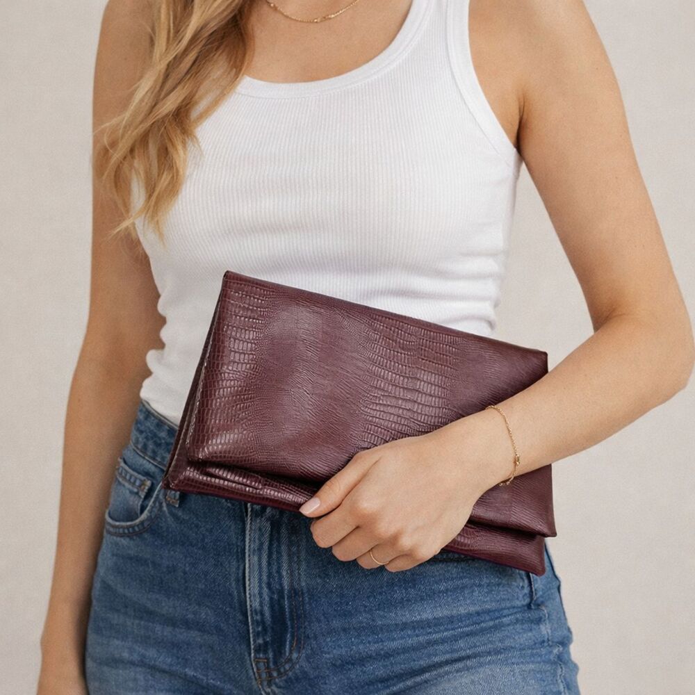 Burgundy Embossed Foldover Clutch‎ Bag